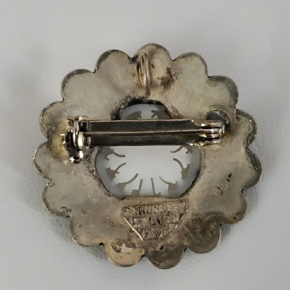 Vintage 935 Silver Jerusalem Carved Mother Of Pearl Flower Brooch Pin Pendant